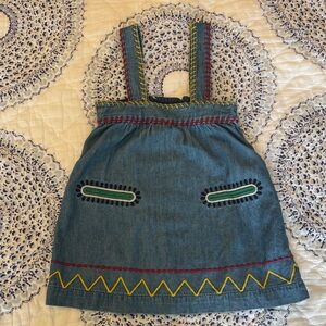 Denim Girls Embroidered Pinafore Dress - Blue with Green & Yellow Accents